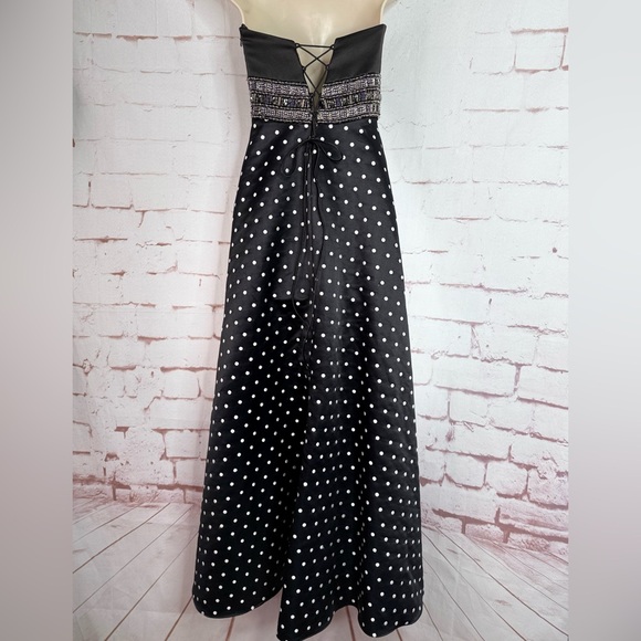 Jeweled Strapless Lace-Up Back Black and White Polka Dot Maxi Dress Size Small - Picture 4 of 16